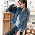 Delicate texture leather and raccoon fur coat